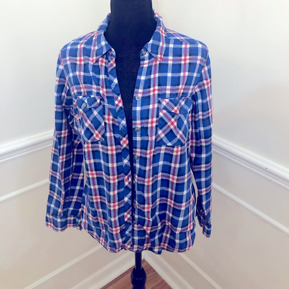 Blue and pink plaid flannel shirt